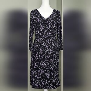 NWOT Chaps Floral Ikat Surplice Dress MEDIUM BLACK with LAVENDER FLORAL